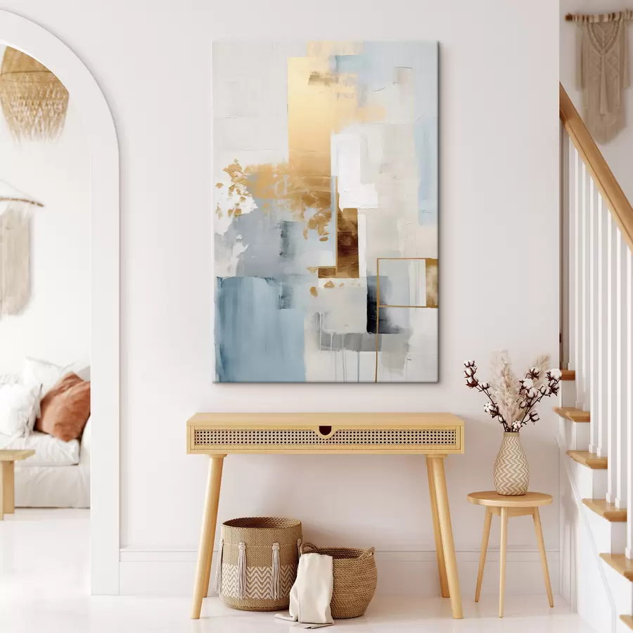 murales Formas geométricas abstractas con colores amarillo, azul y blanco, composición texturizada y minimalista. s47881