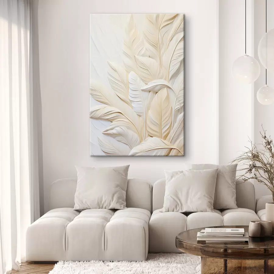 murales Plumas de color crema superpuestas entre sí, con un fondo suave y claro. s47883