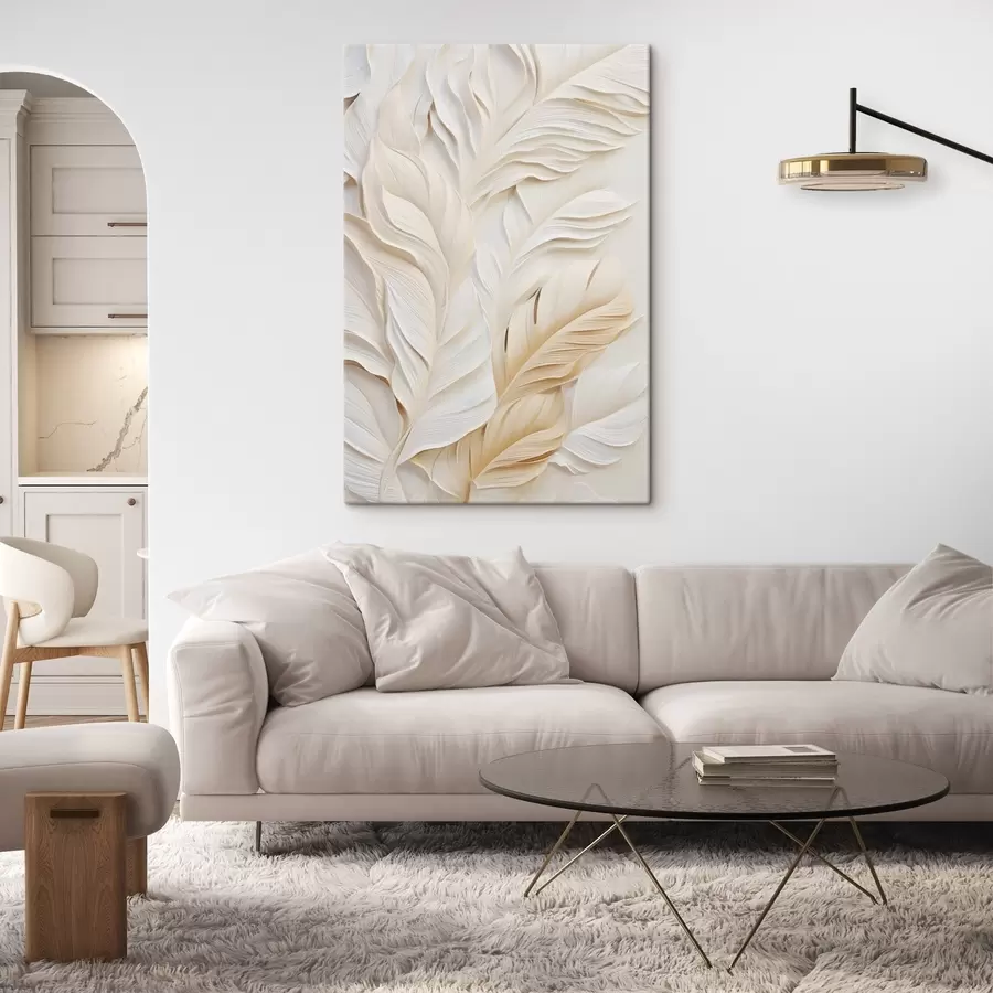 wall murals Cream-colored feathers overlapping each other, with a soft, light background s47884