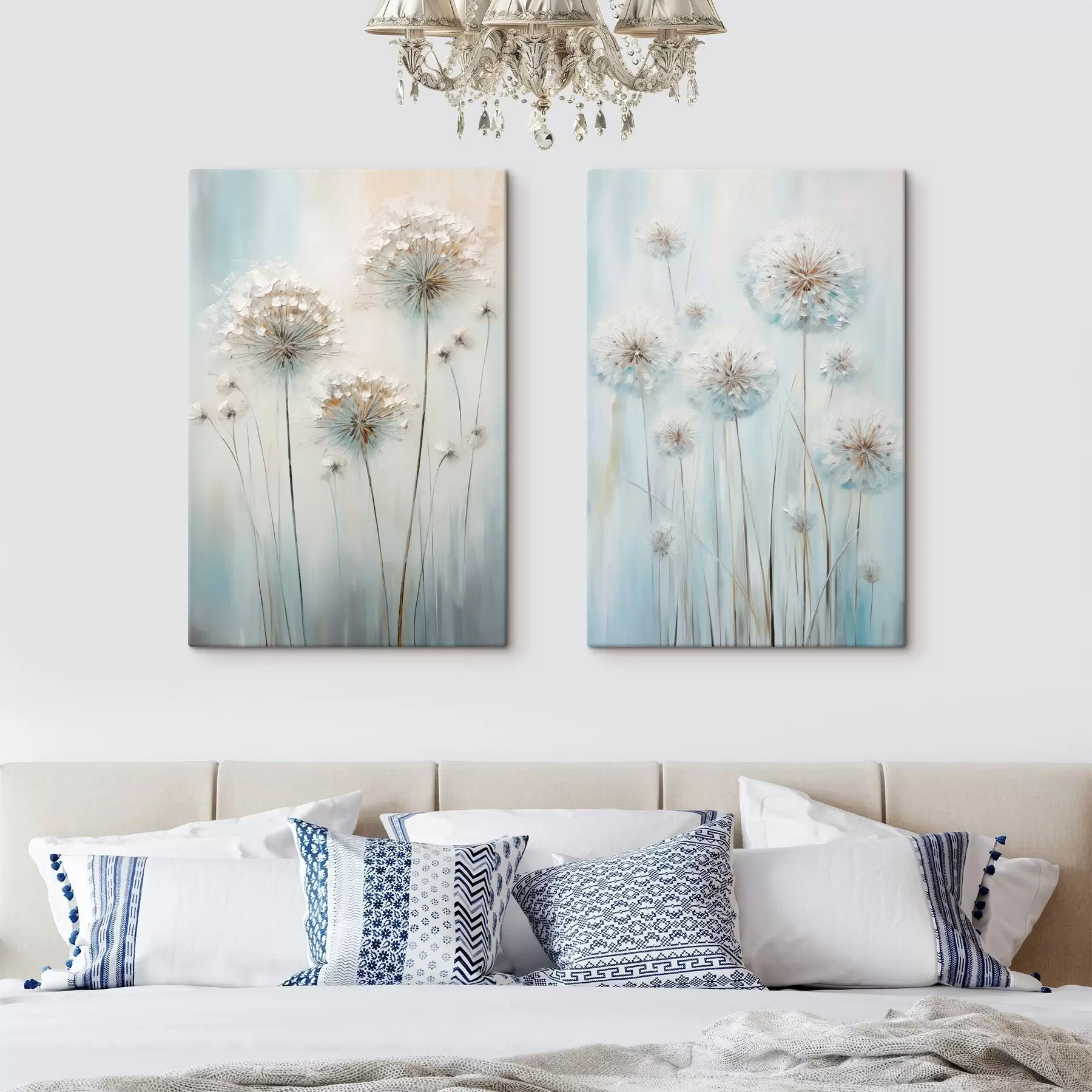 wall murals Textured painting style of dandelions against a soft blue and white background m30048