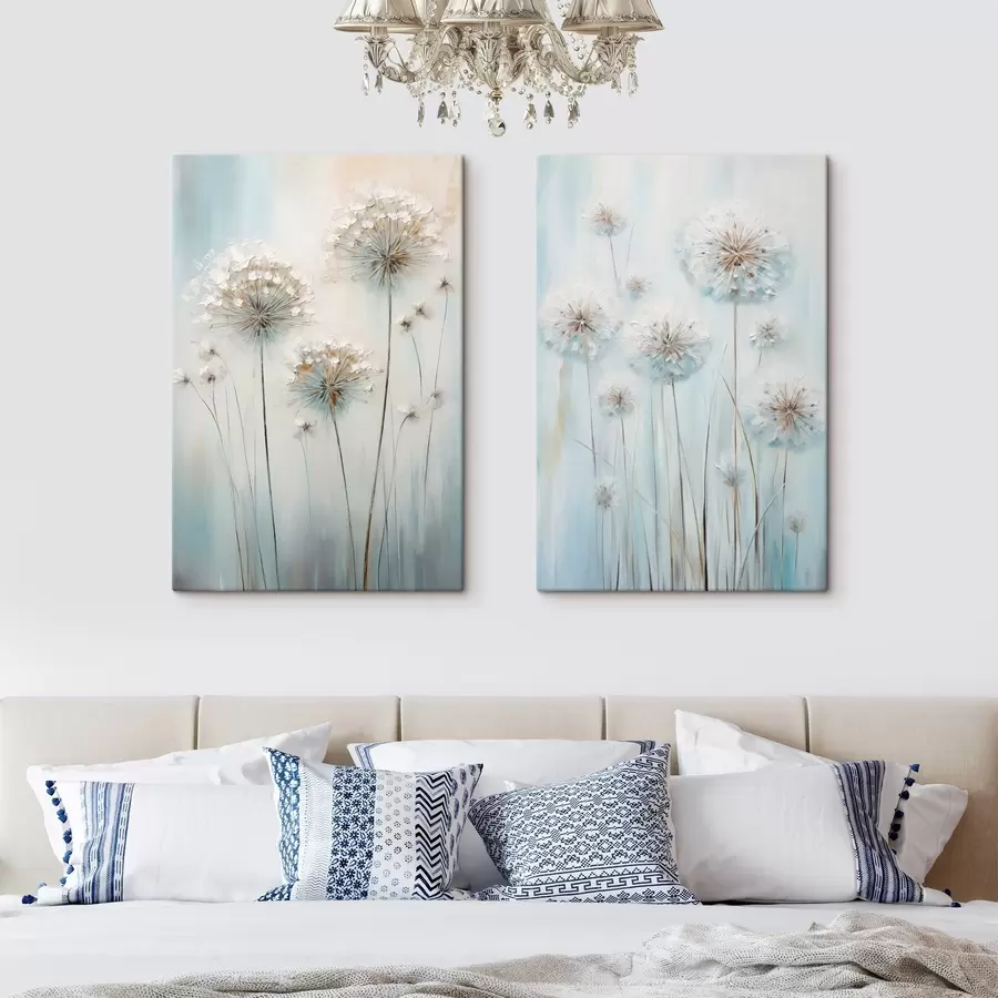 wall murals Textured painting style of dandelions against a soft blue and white background m30048