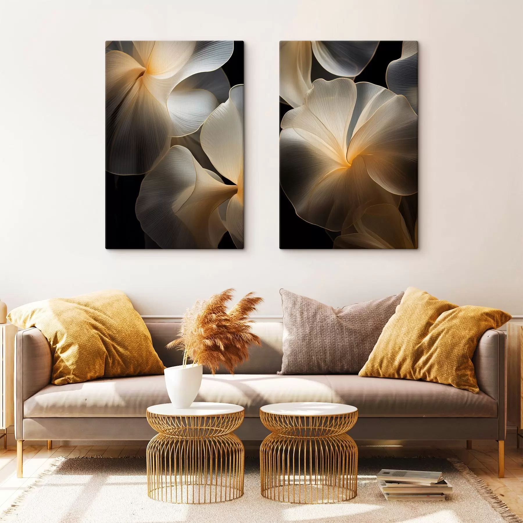 murales Pétalos abstractos fluidos y translúcidos con líneas delicadas, sobre un fondo oscuro. m30050