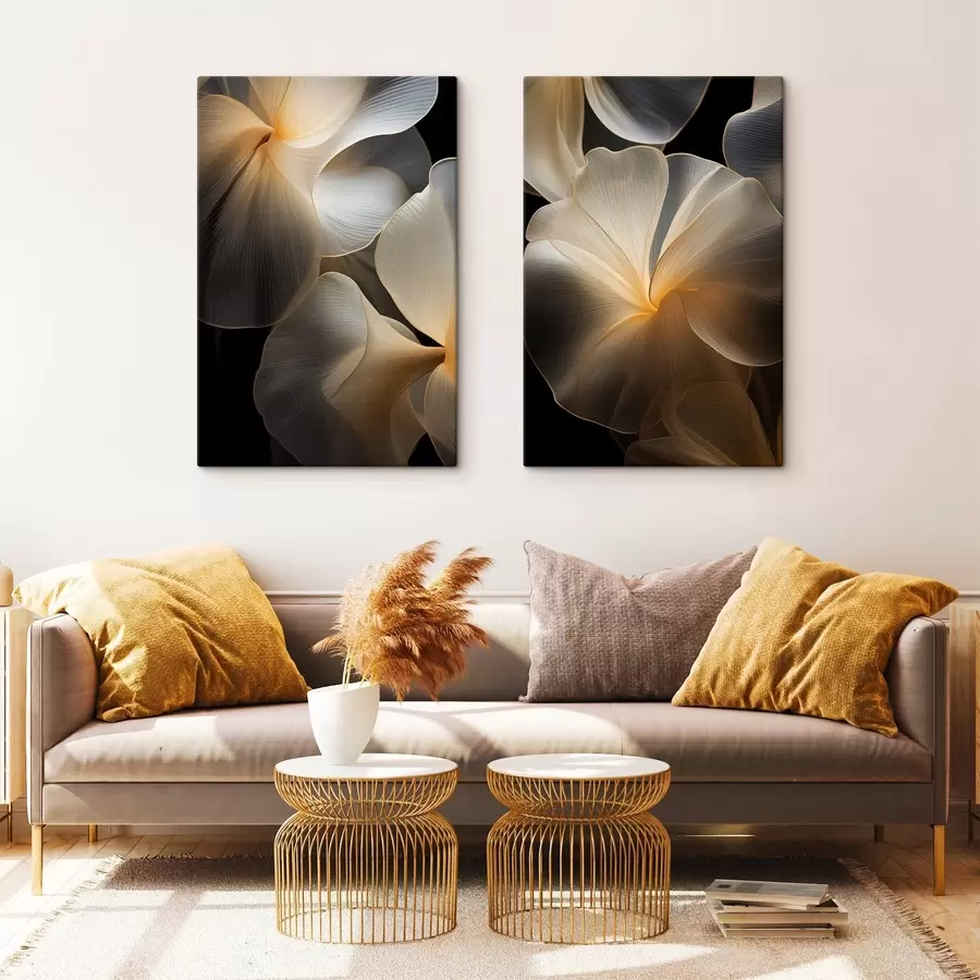 murales Pétalos abstractos fluidos y translúcidos con líneas delicadas, sobre un fondo oscuro. m30050