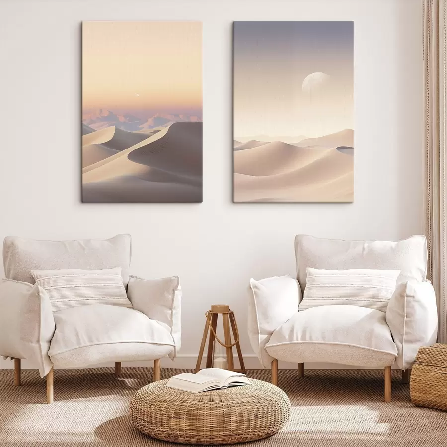 murales Un paisaje desértico con dunas onduladas bajo un cielo de suaves tonos pastel, con montañas lejanas al fondo. m30053