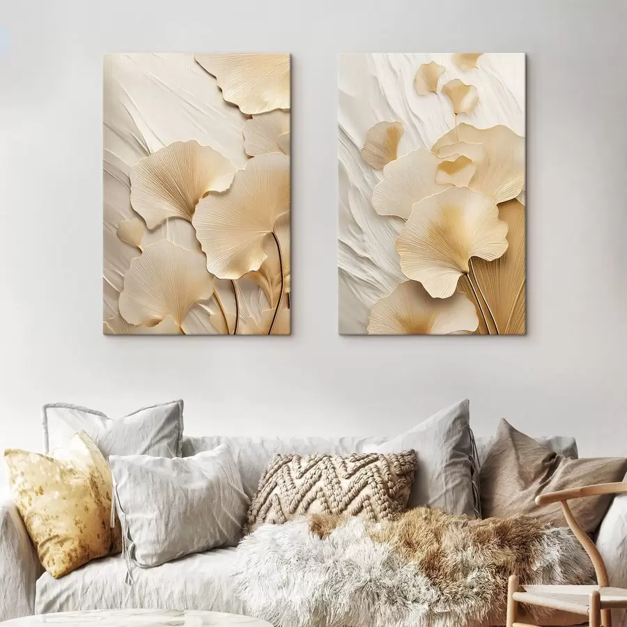 wall murals Ginkgo abstract leaves against a textured, light background, elegant and abstract composition m30054