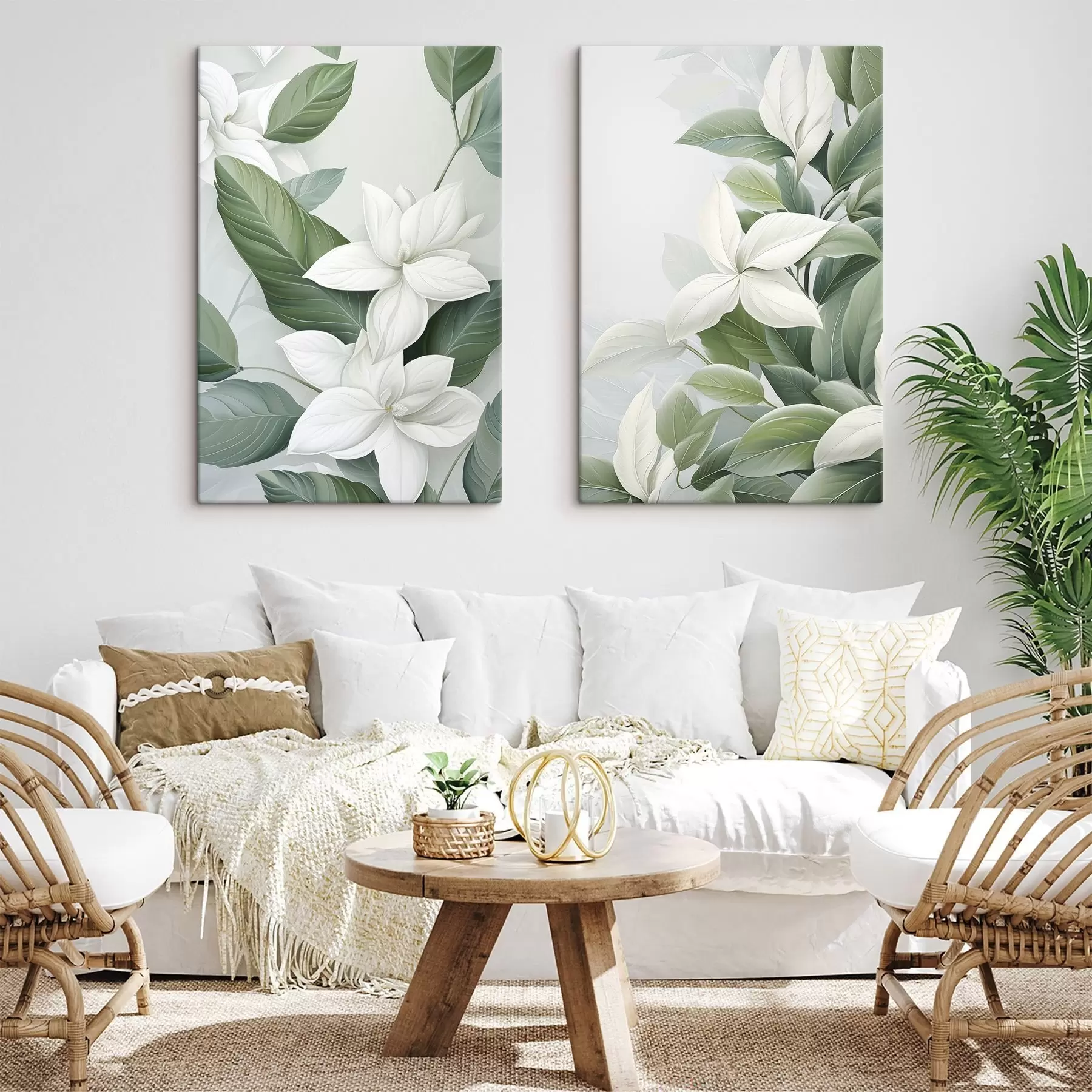 wall murals White flowers with green leaves, pastel background m30055