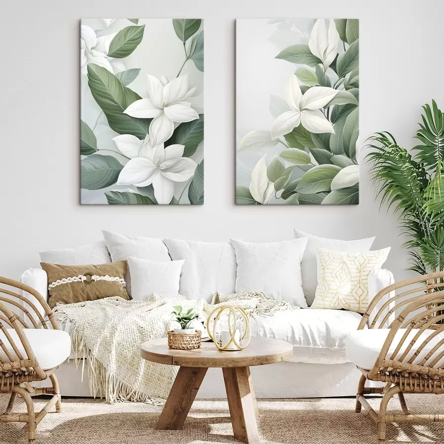 wall murals White flowers with green leaves, pastel background m30055