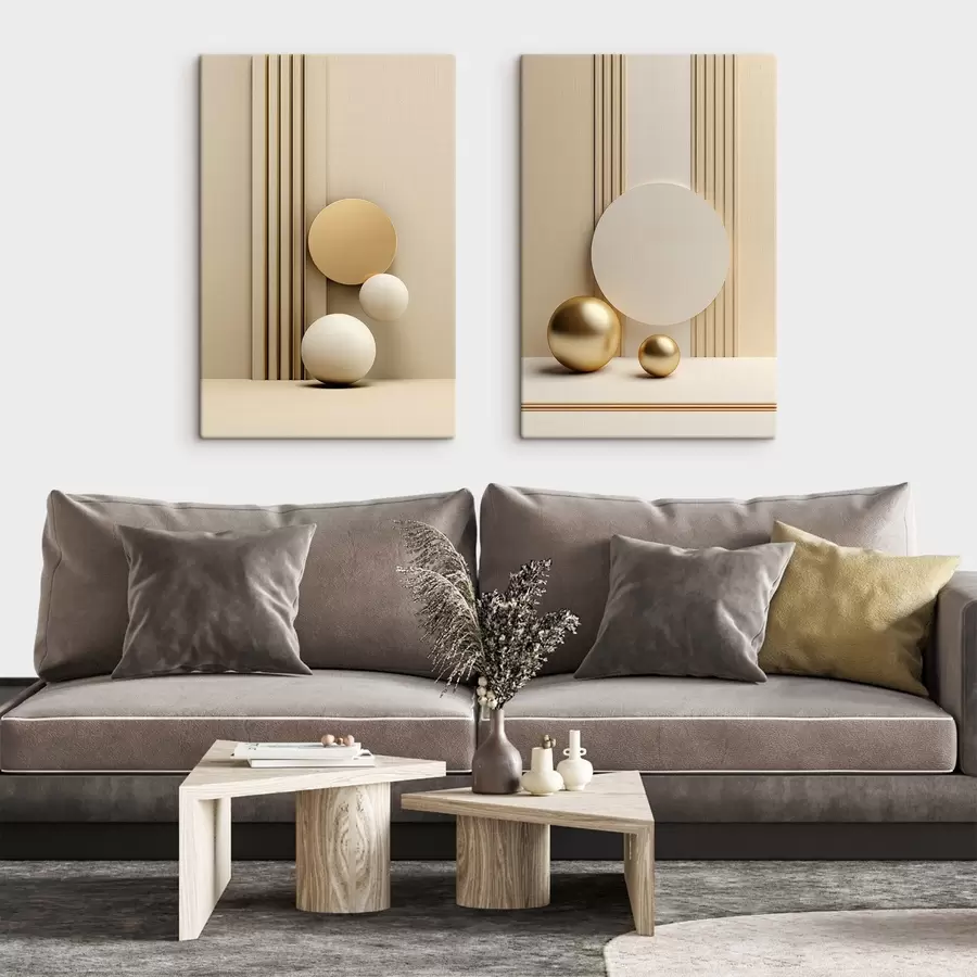 wall murals Abstract beige modern art with vertical lines and spheres m30056