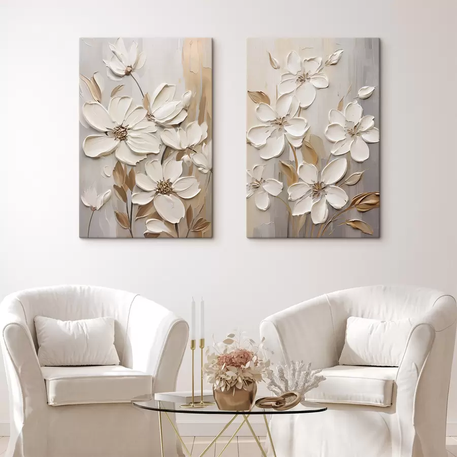 wall murals Abstract white flowers with textured petals, against a neutral background with subtle brushstrokes imitation m30057