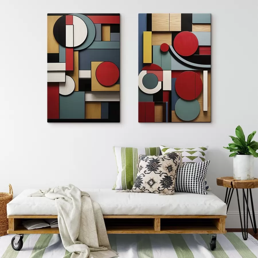 murales Composición geométrica abstracta con imitación de textura de madera, rectángulos y círculos rojos, negros, blancos y verde azulado. m30058