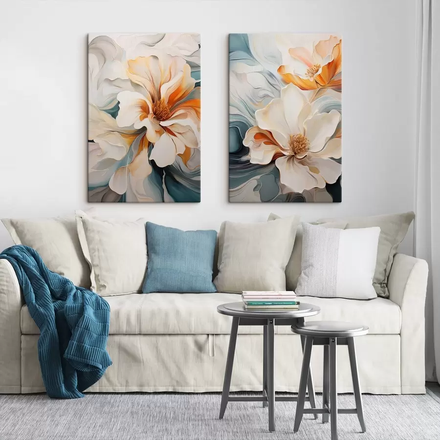 wall murals Abstract large flower with white, orange and teal petals, textured background m30059