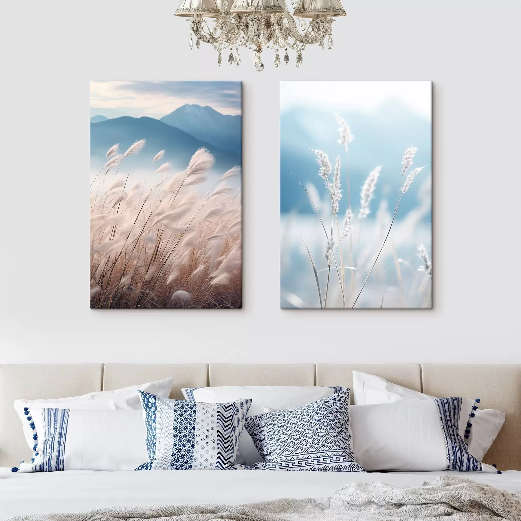 wall murals Tall, white pampas grass blowing in the wind with soft blue mountains in the background m30060
