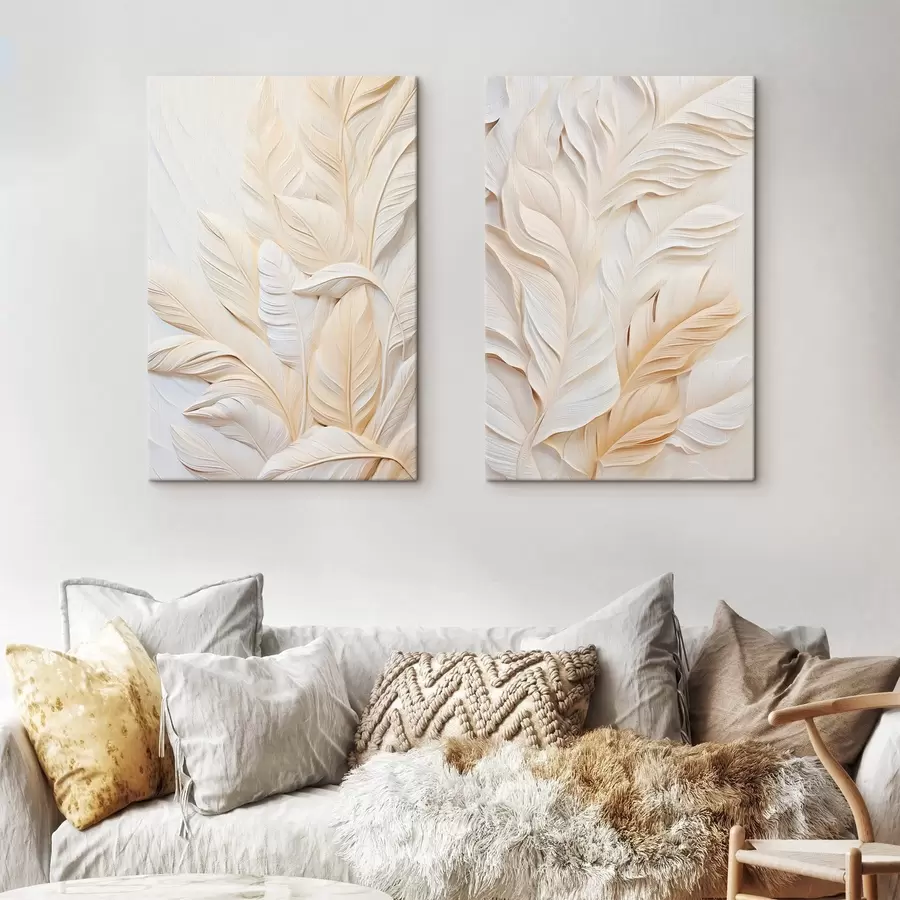 wall murals Cream-colored feathers overlapping each other, with a soft, light background m30062
