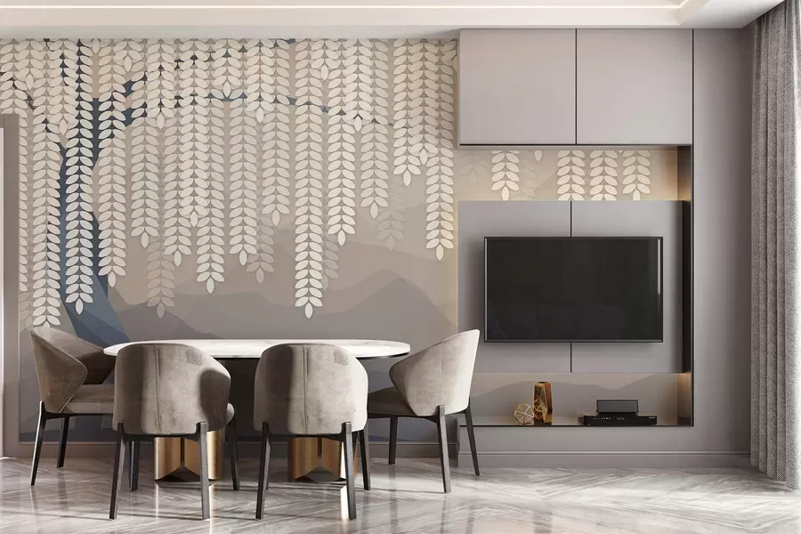 murales Sauce estilizado con hojas colgantes sobre un fondo de montañas minimalistas en tonos beige y azul verdoso. w05232