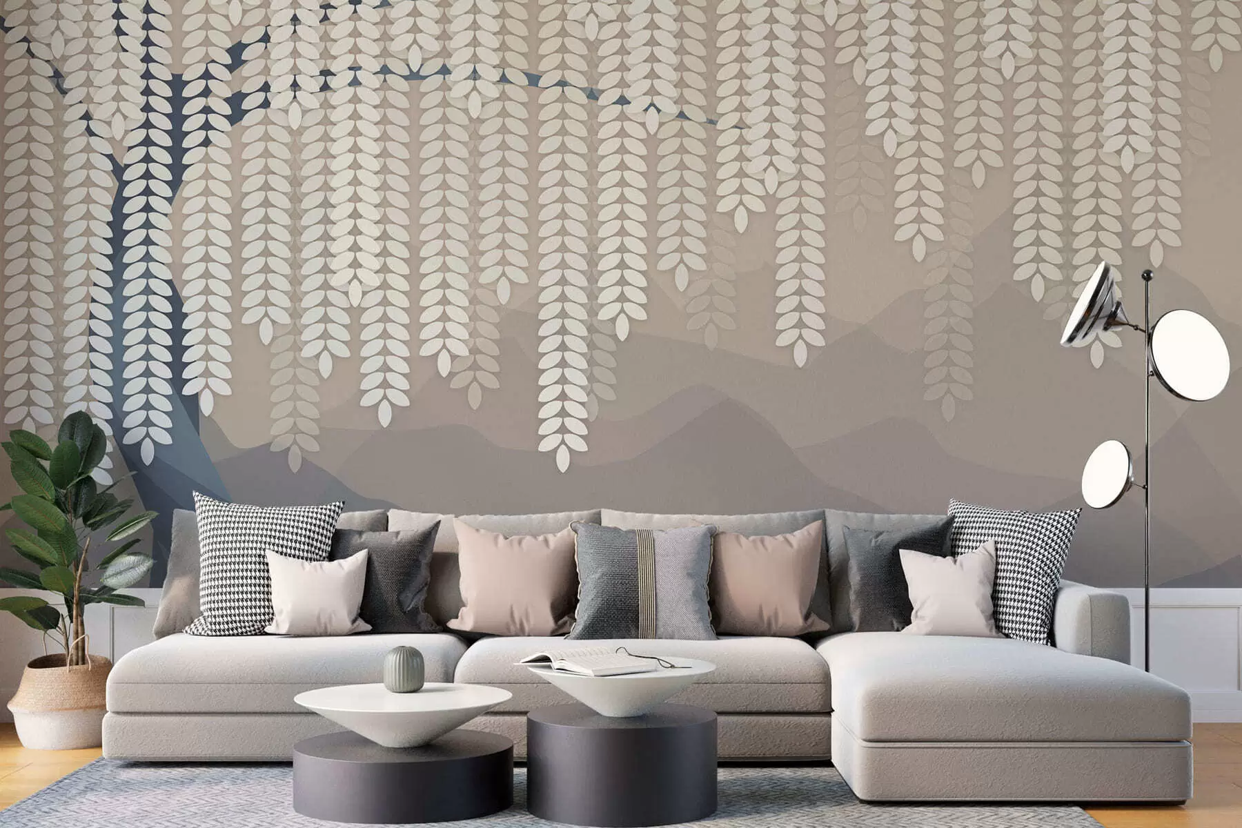 Wall Mural Photo Wallpaper stylised willow tree with hanging leaves against a backdrop of minimalist mountains in shades of beige and blue-green w05232