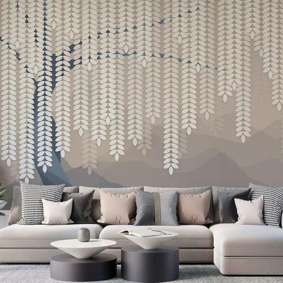 Wall Mural Photo Wallpaper stylised willow tree with hanging leaves against a backdrop of minimalist mountains in shades of beige and blue-green w05232