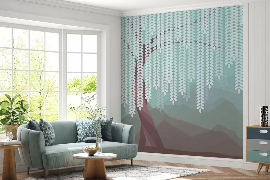 peintures murales Saule stylisé avec des feuilles pendantes sur fond de montagnes minimalistes dans des tons chocolat et turquoise. w05232v1