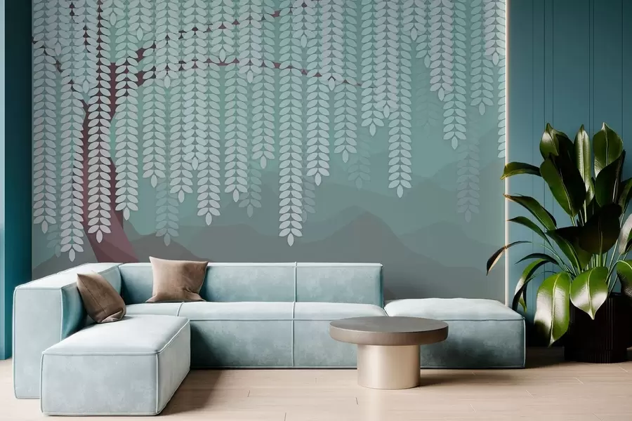 Wall Mural Photo Wallpaper stylised willow tree with hanging leaves against a backdrop of minimalist mountains in shades of chocolate and turquoise w05232v1