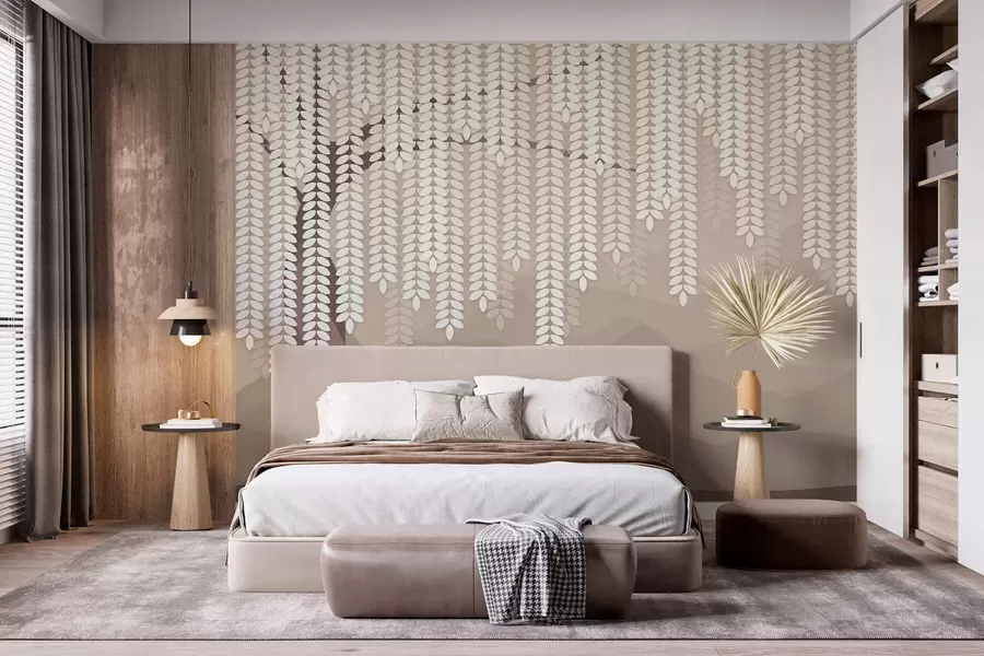 Wall Mural Photo Wallpaper stylised willow tree with hanging leaves against a backdrop of minimalist mountains in shades of coffee w05232v2