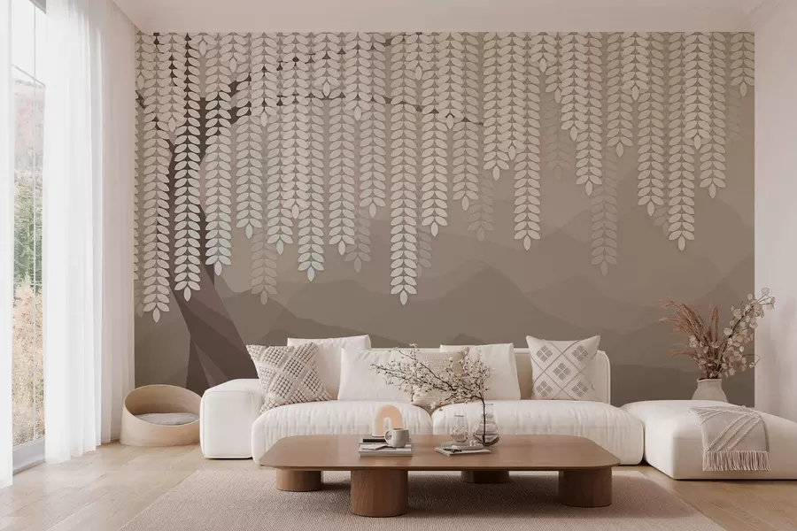 Wall Mural Photo Wallpaper stylised willow tree with hanging leaves against a backdrop of minimalist mountains in shades of coffee w05232v2