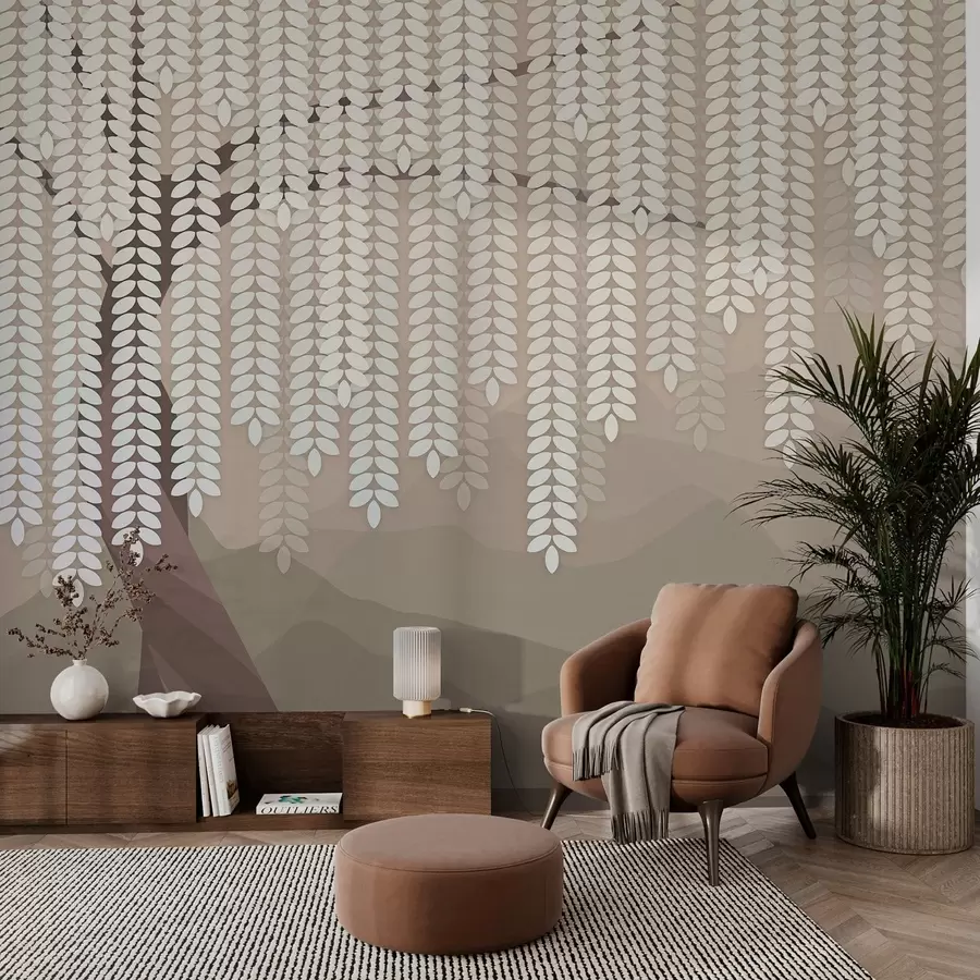 Wall Mural Photo Wallpaper stylised willow tree with hanging leaves against a backdrop of minimalist mountains in shades of coffee w05232v2