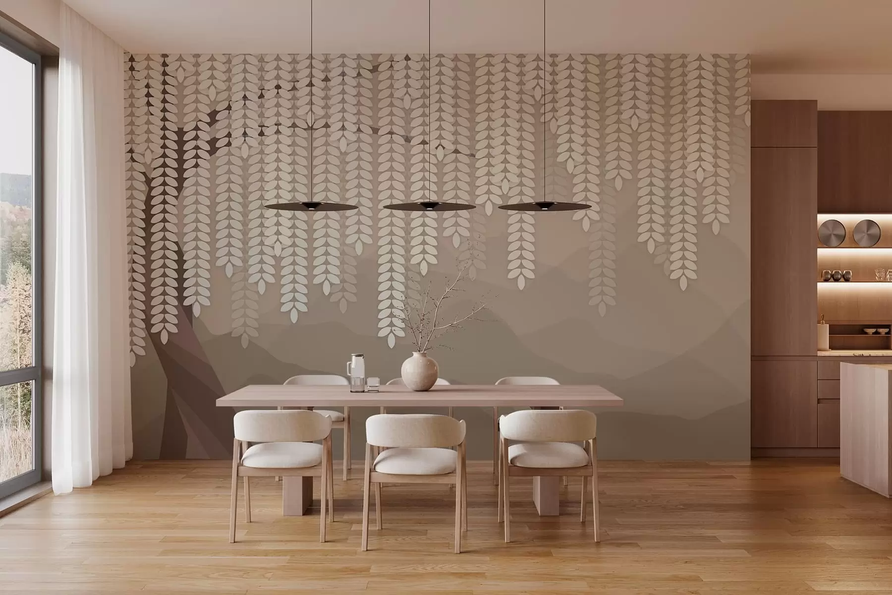 Wall Mural Photo Wallpaper stylised willow tree with hanging leaves against a backdrop of minimalist mountains in shades of coffee w05232v2