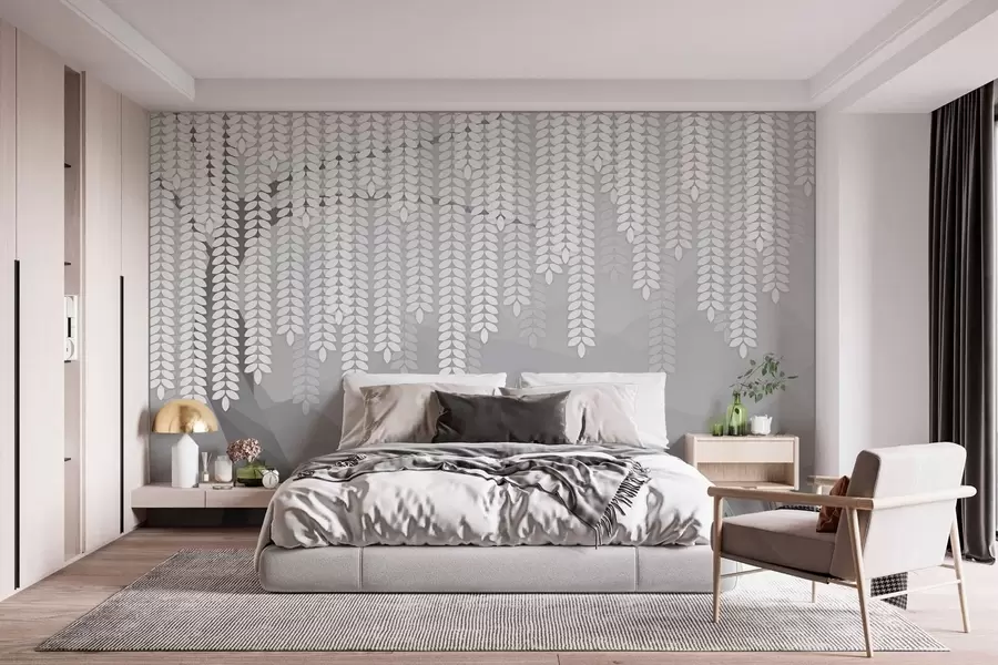 Wall Mural Photo Wallpaper stylised willow tree with hanging leaves against a backdrop of minimalist mountains in shades of grey w05232v3