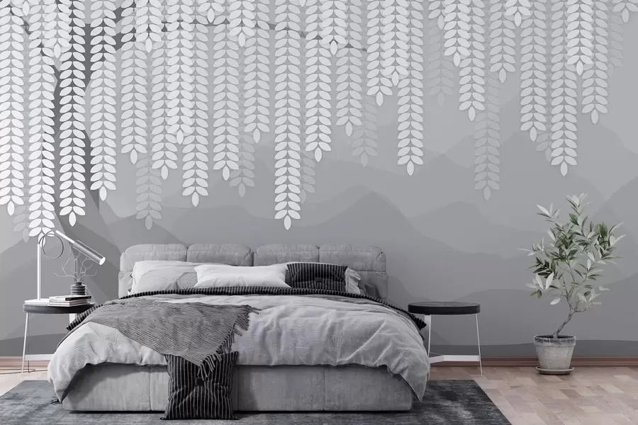 Wall Mural Photo Wallpaper stylised willow tree with hanging leaves against a backdrop of minimalist mountains in shades of grey w05232v3