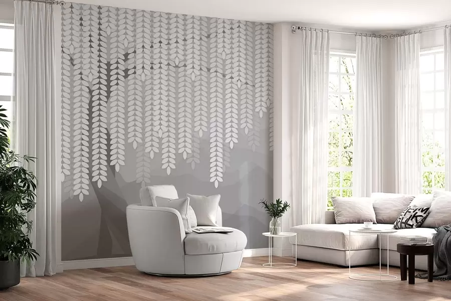 Wall Mural Photo Wallpaper stylised willow tree with hanging leaves against a backdrop of minimalist mountains in shades of grey w05232v3
