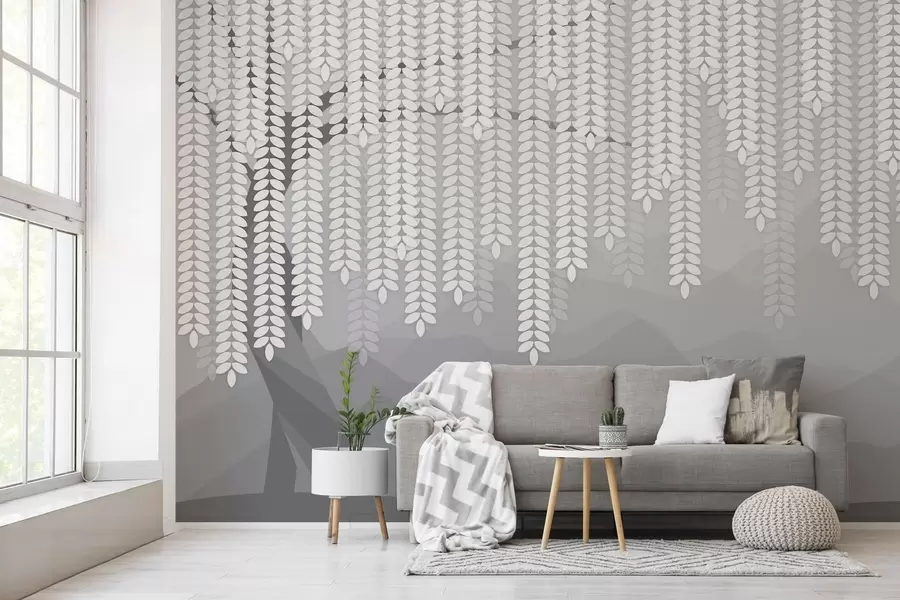 Wall Mural Photo Wallpaper stylised willow tree with hanging leaves against a backdrop of minimalist mountains in shades of grey w05232v3