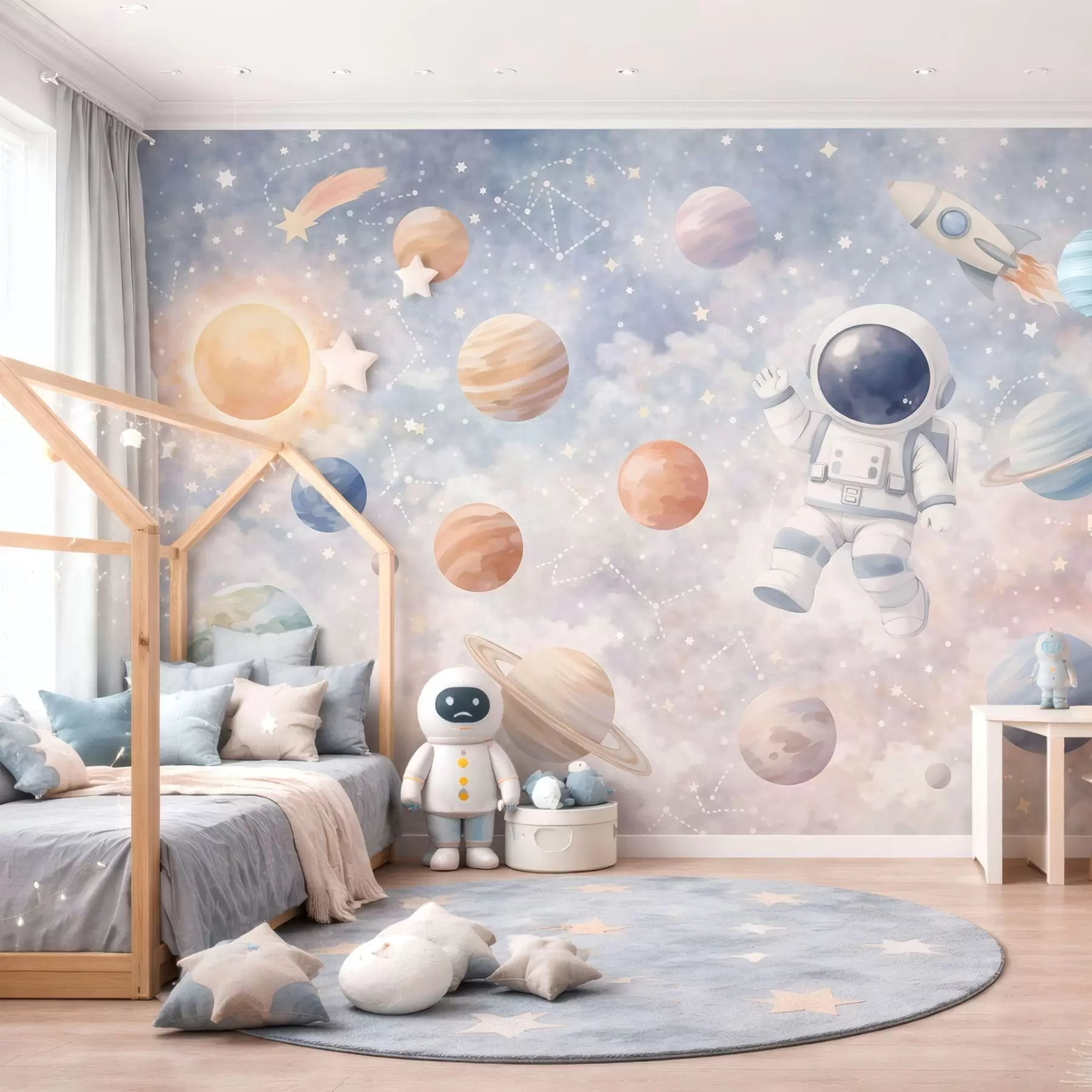 murales Un pequeño astronauta entre planetas y estrellas. w05233