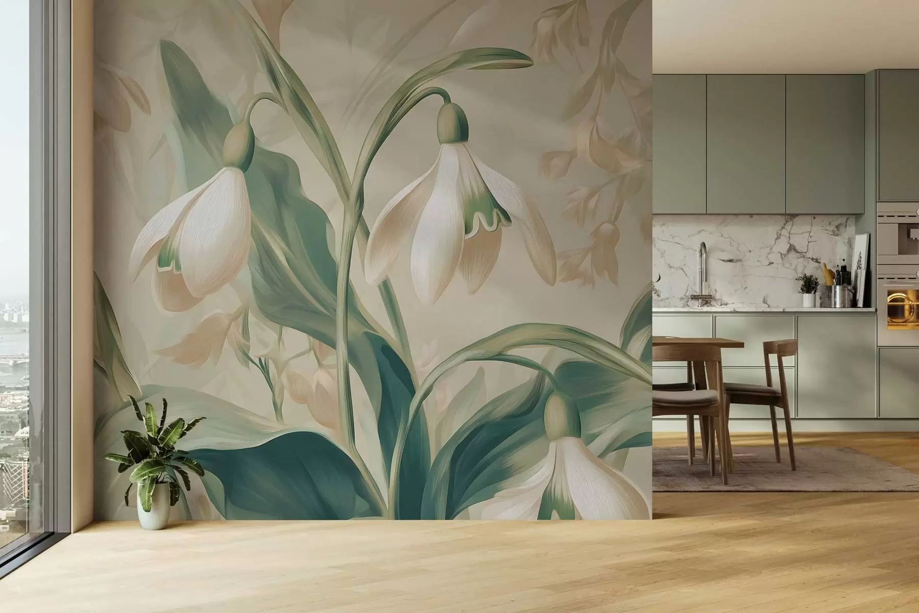 murales flores de nieve en flor sobre un fondo beige w05234