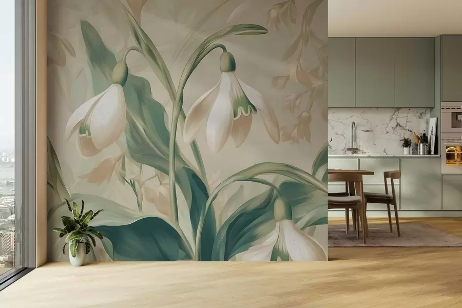 wall murals blooming snowdrops on a beige background w05234