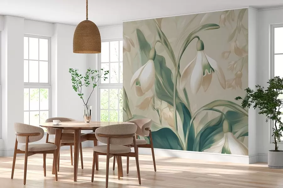 Wall Mural Photo Wallpaper blooming snowdrops on a beige background w05234