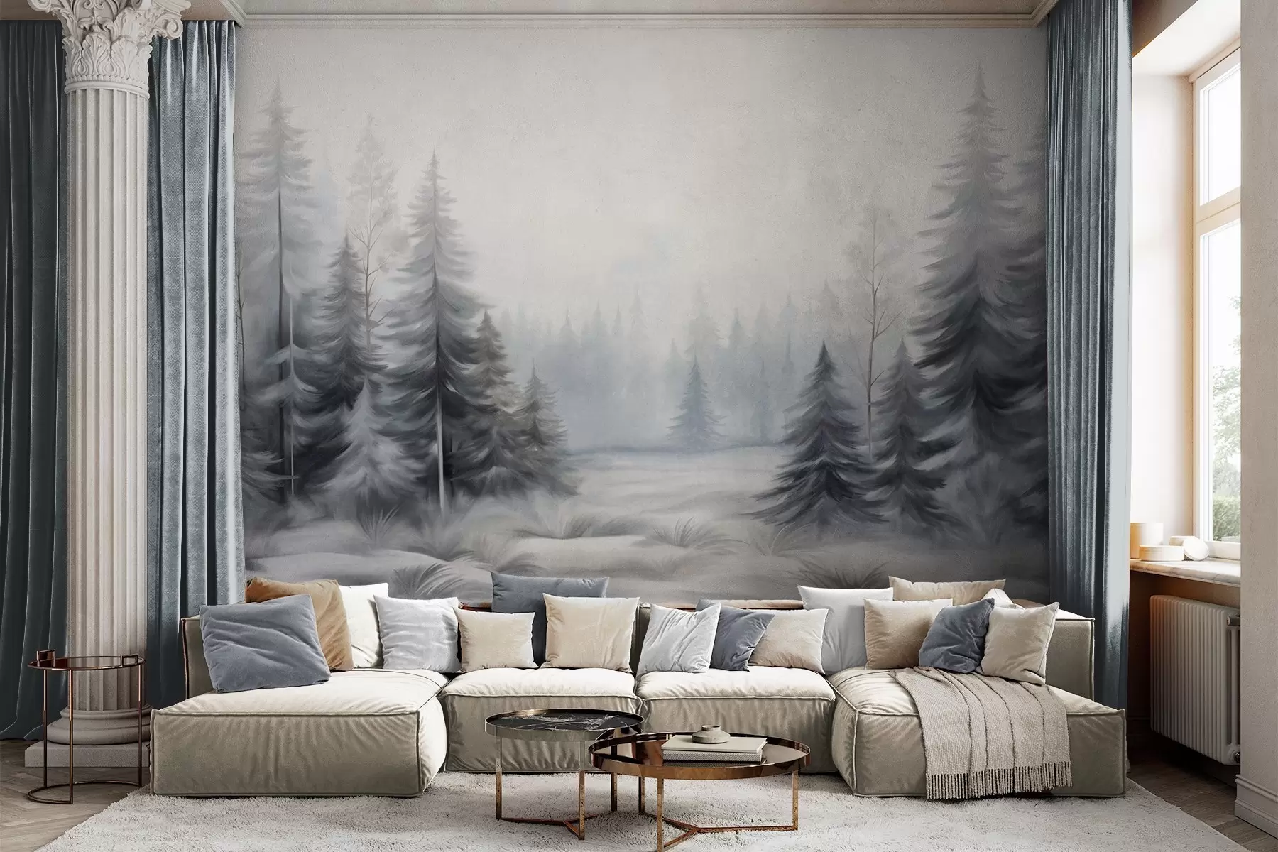 Wall Mural Photo Wallpaper Textured winter forest trees in mist, in muted gray and white tones w09745
