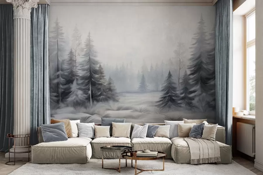 wall murals Textured winter forest trees in mist, in muted gray and white tones w09745