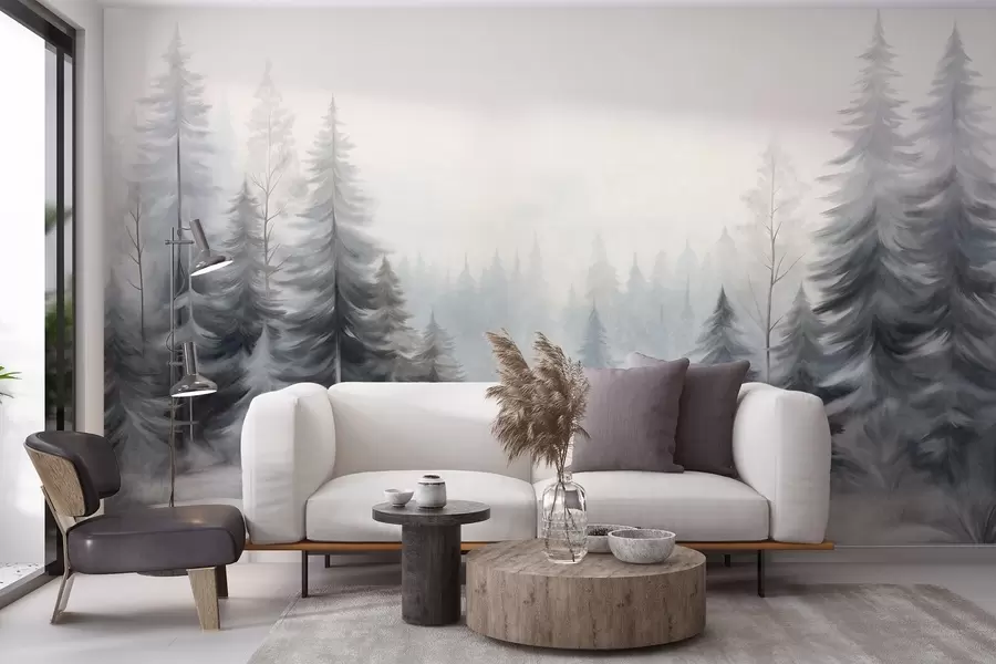 Wall Mural Photo Wallpaper Textured winter forest trees in mist, in muted gray and white tones w09745