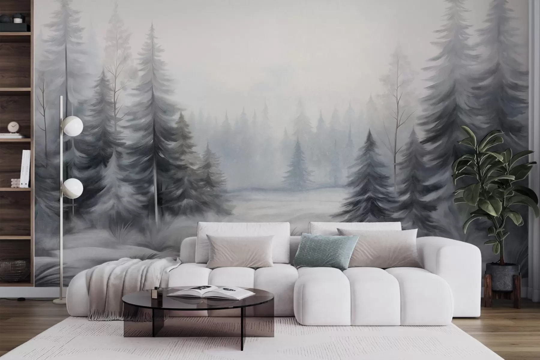wall murals Textured winter forest trees in mist, in muted gray and white tones w09745