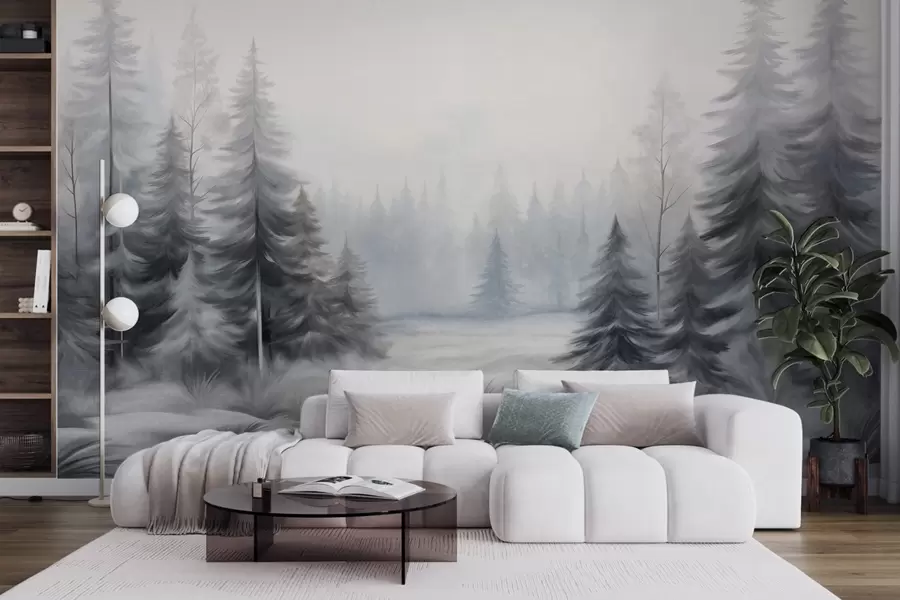 peintures murales Arbres texturés d'une forêt hivernale dans la brume, dans des tons gris et blancs atténués w09745