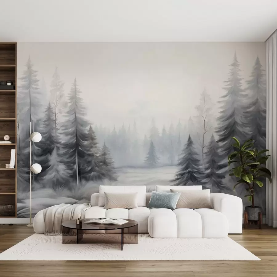 Wall Mural Photo Wallpaper Textured winter forest trees in mist, in muted gray and white tones w09745