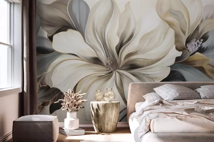 Wall Mural Photo Wallpaper Large, creamy magnolia flowers with brown and grey leaves, soft lighting, abstract background w09749