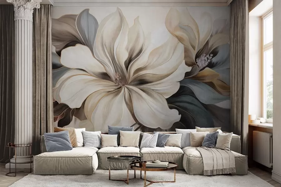 Wall Mural Photo Wallpaper Large, creamy magnolia flowers with brown and grey leaves, soft lighting, abstract background w09749