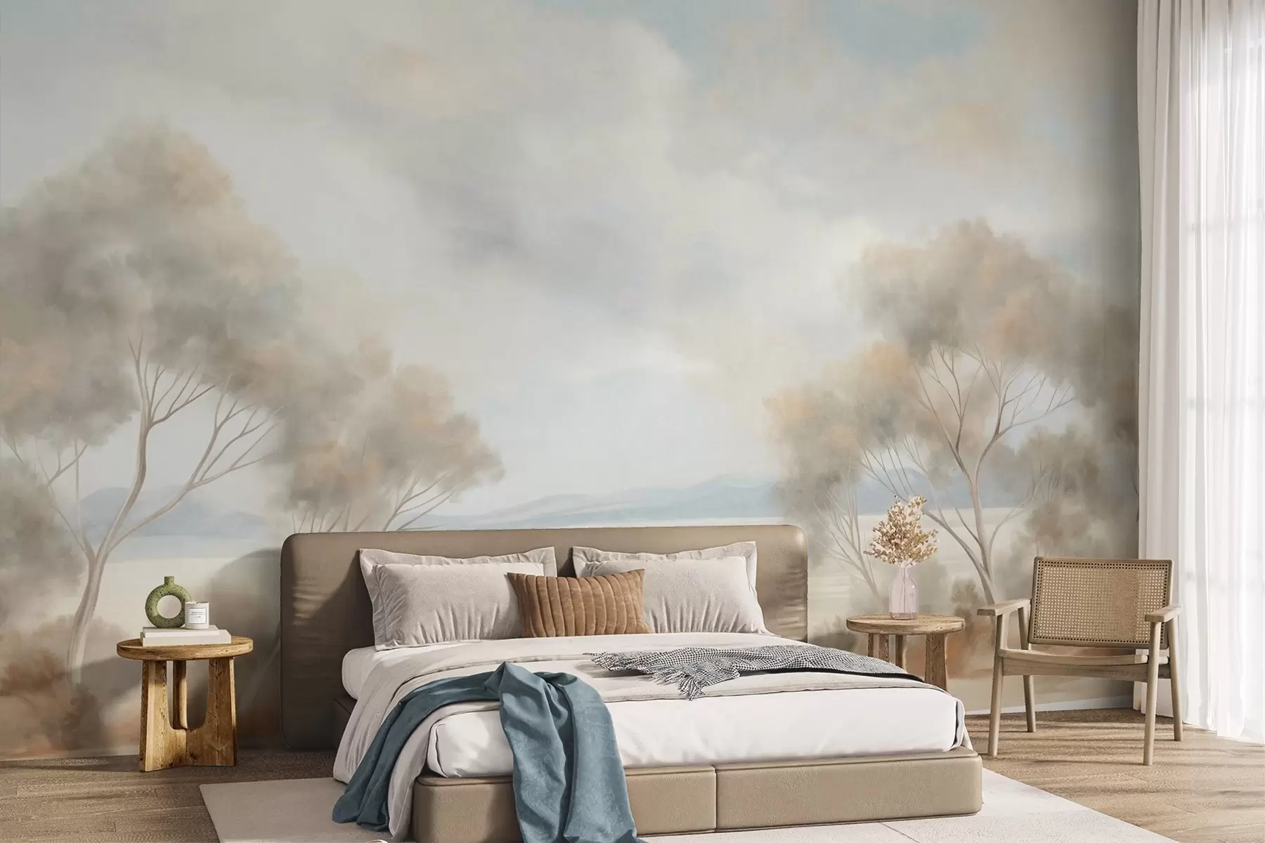 Wall Mural Photo Wallpaper A landscape textured painting style with trees under a cloudy sky w09753