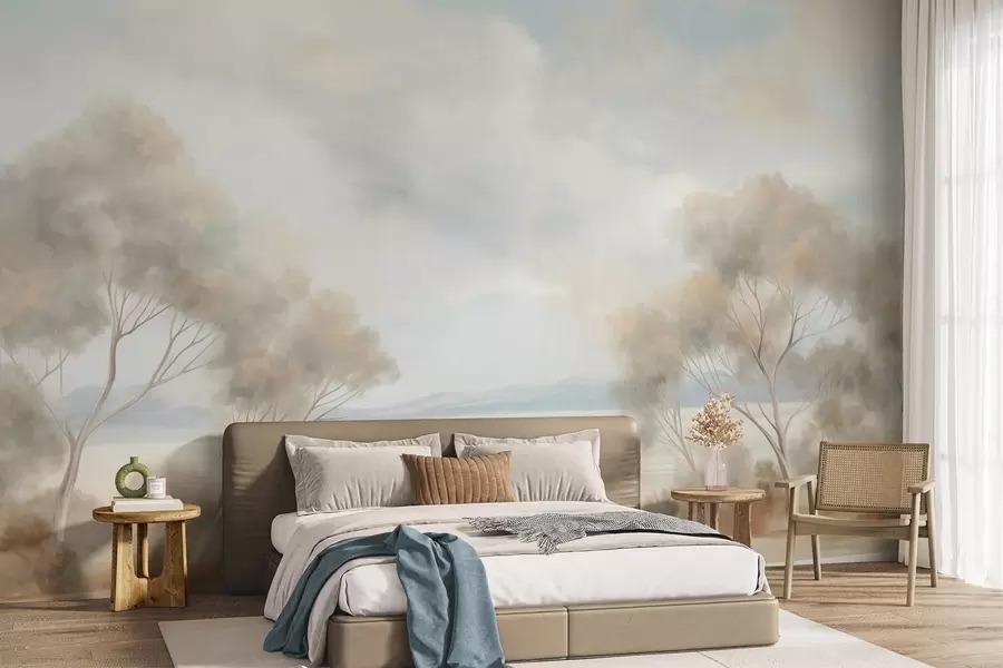 wall murals A landscape textured painting style with trees under a cloudy sky w09753