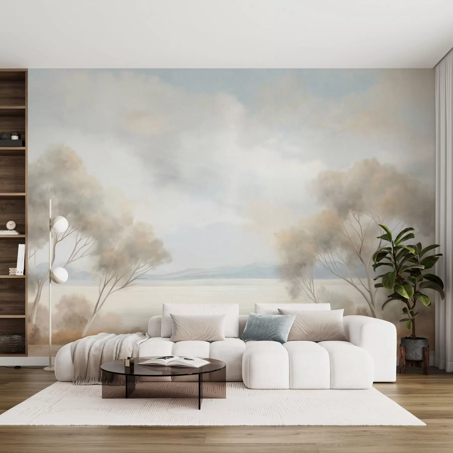 Wall Mural Photo Wallpaper A landscape textured painting style with trees under a cloudy sky w09753