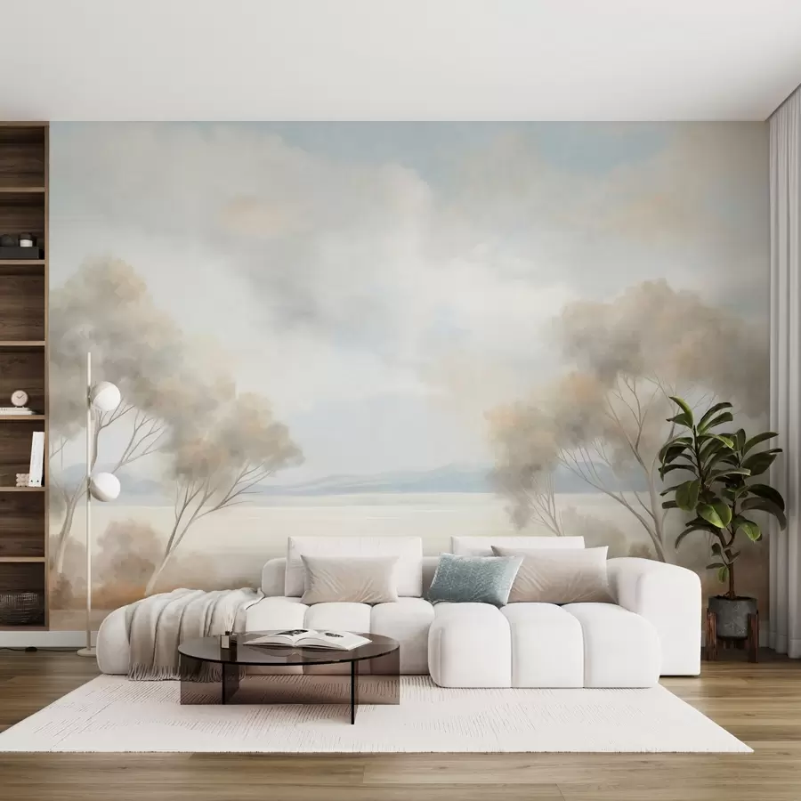 Wall Mural Photo Wallpaper A landscape textured painting style with trees under a cloudy sky w09753