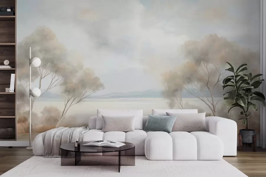 Wall Mural Photo Wallpaper A landscape textured painting style with trees under a cloudy sky w09753