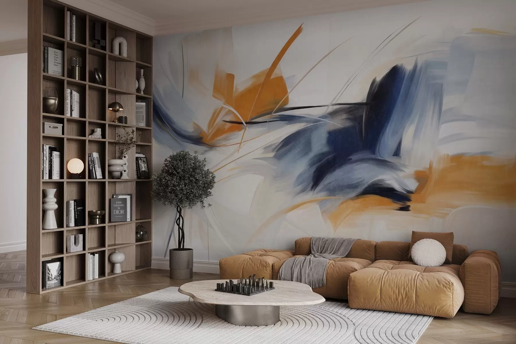 Wall Mural Photo Wallpaper Abstract painting style with orange and blue textured brushstrokes w09755