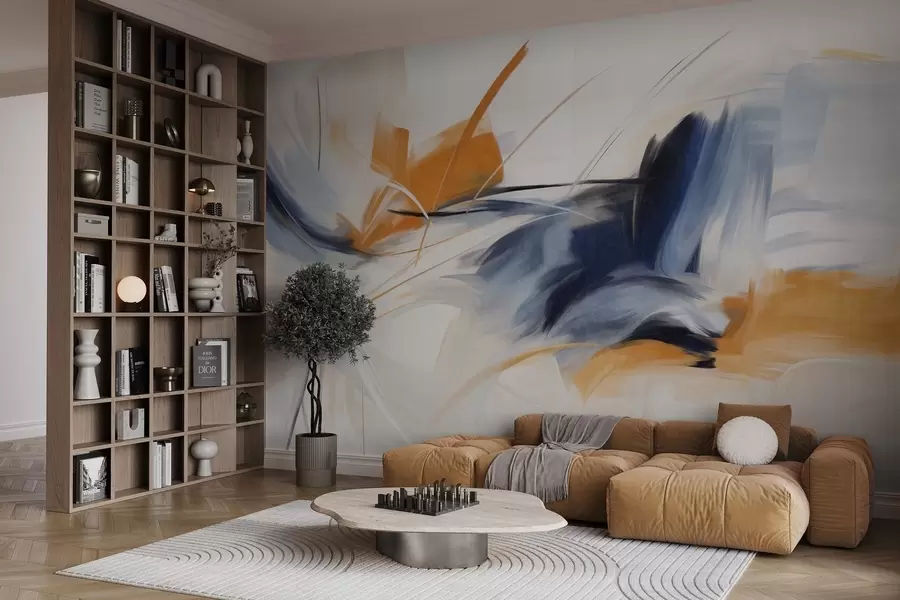 murales Estilo de pintura abstracta con pinceladas texturizadas en naranja y azul. w09755
