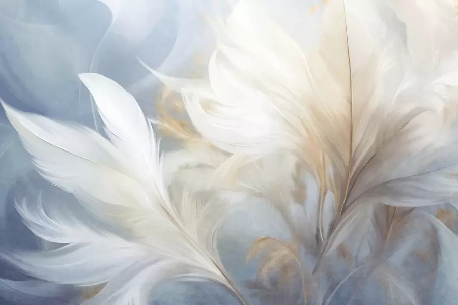 peintures murales Plumes blanches douces et texturées et herbe de la pampa floue sur fond bleu et blanc w09758